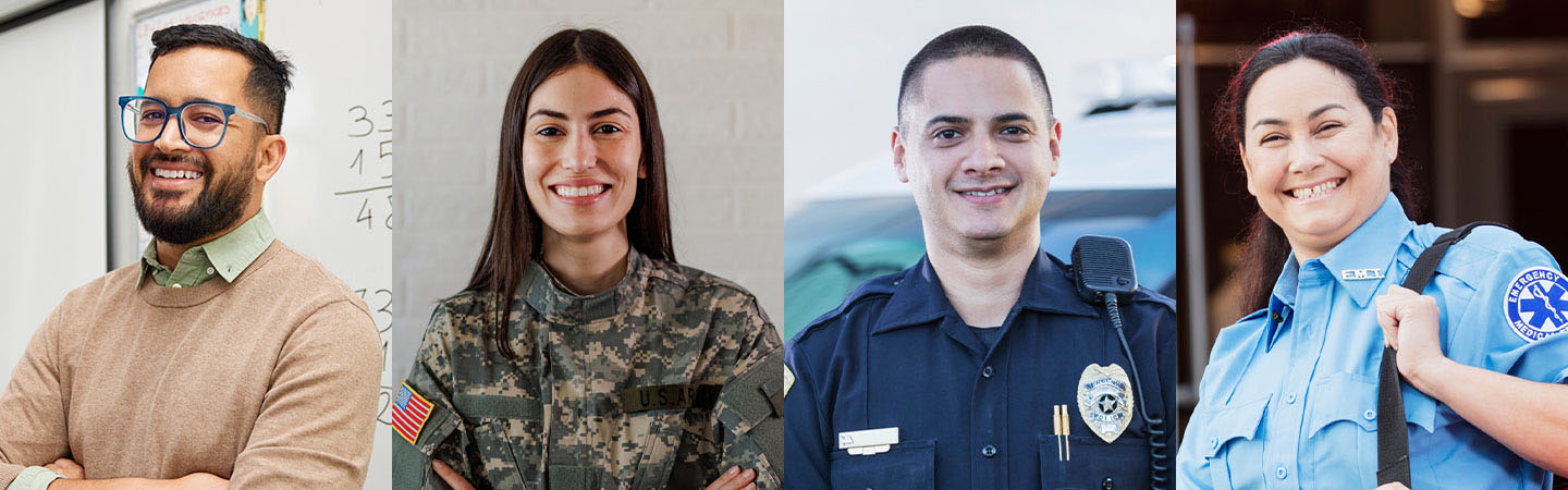 Collage of teacher, soldier, police officer, and EMT smiling