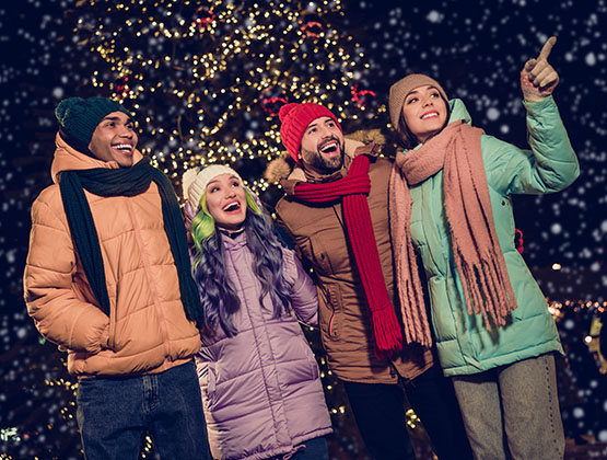 Group of friends enjoying holiday lights
