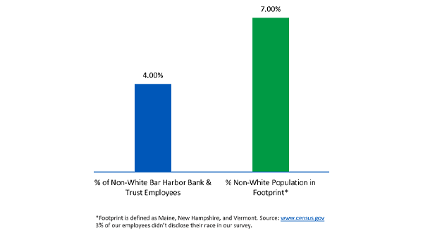 Bar chart showing 4% of employees are non-white, while 7% of the footprint population is non-white