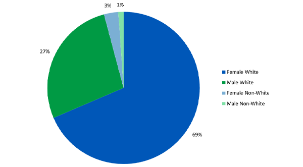 A pie chart showing that 69% of employees are white females, 27% are white males, 3% are non-white females, and 3% are non-white males