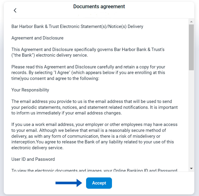 Screenshot of the documents agreement window in Bar Harbor Online